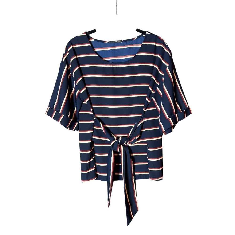 Striped Tie Waist Blouse Top, Short‎ Sleeve, Navy Blue, Red, White